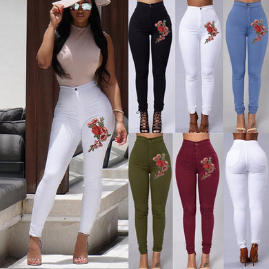 High Waist Embroidered Skinny Stretch Leggings