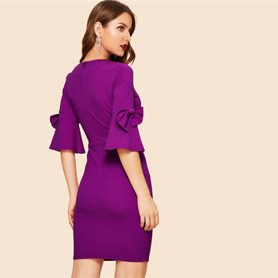 Purple Elegant Bow Detail Half Bell Sleeve Dresse