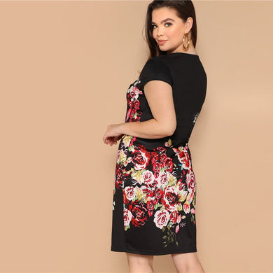 Plus Size Boho Floral Print Cap Sleeve Dress