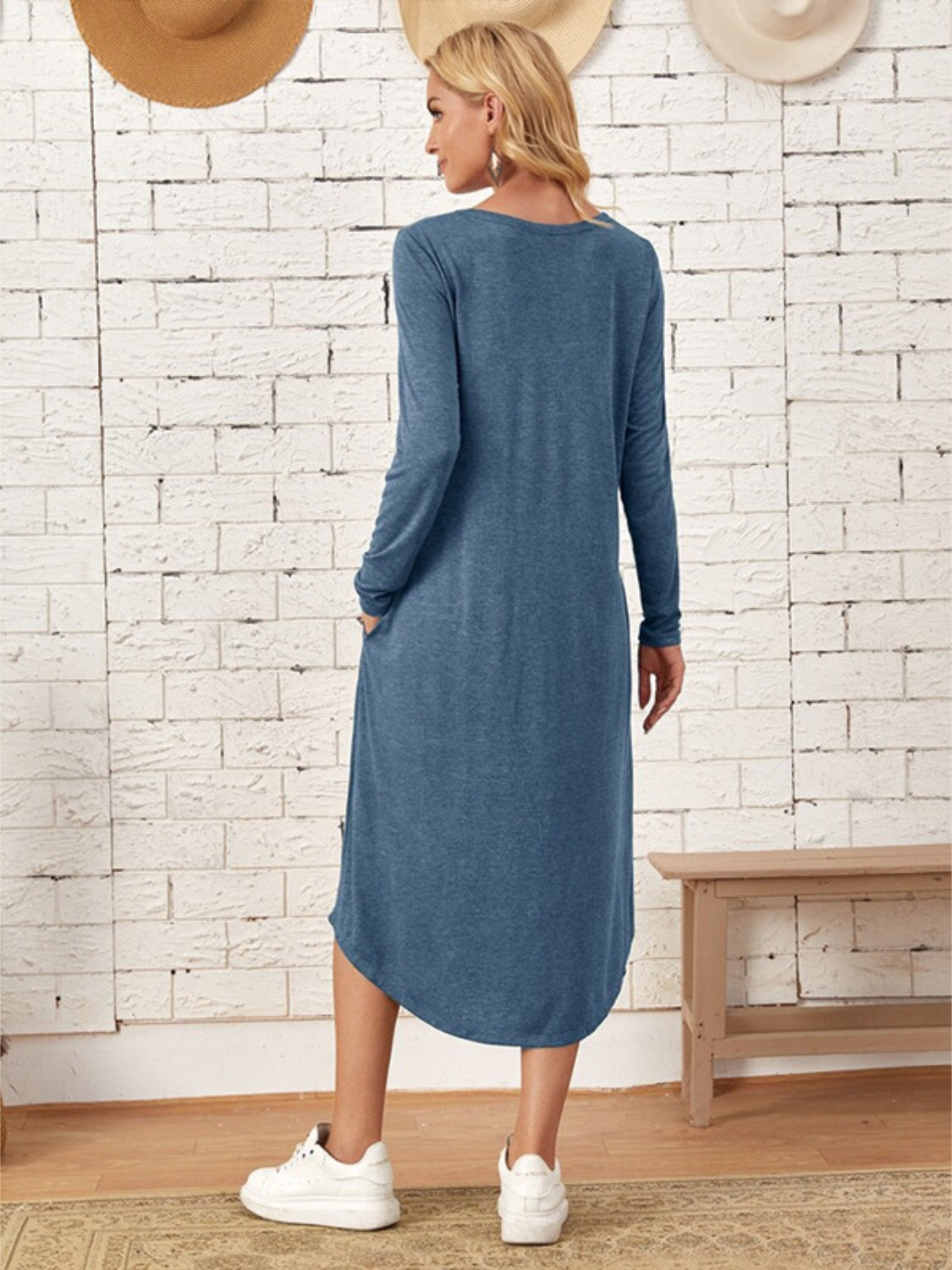 Pocketed Round Neck Long Sleeve Tee Dress NANI Store Pocketed Round Neck Long Sleeve Tee Dress NANI Store