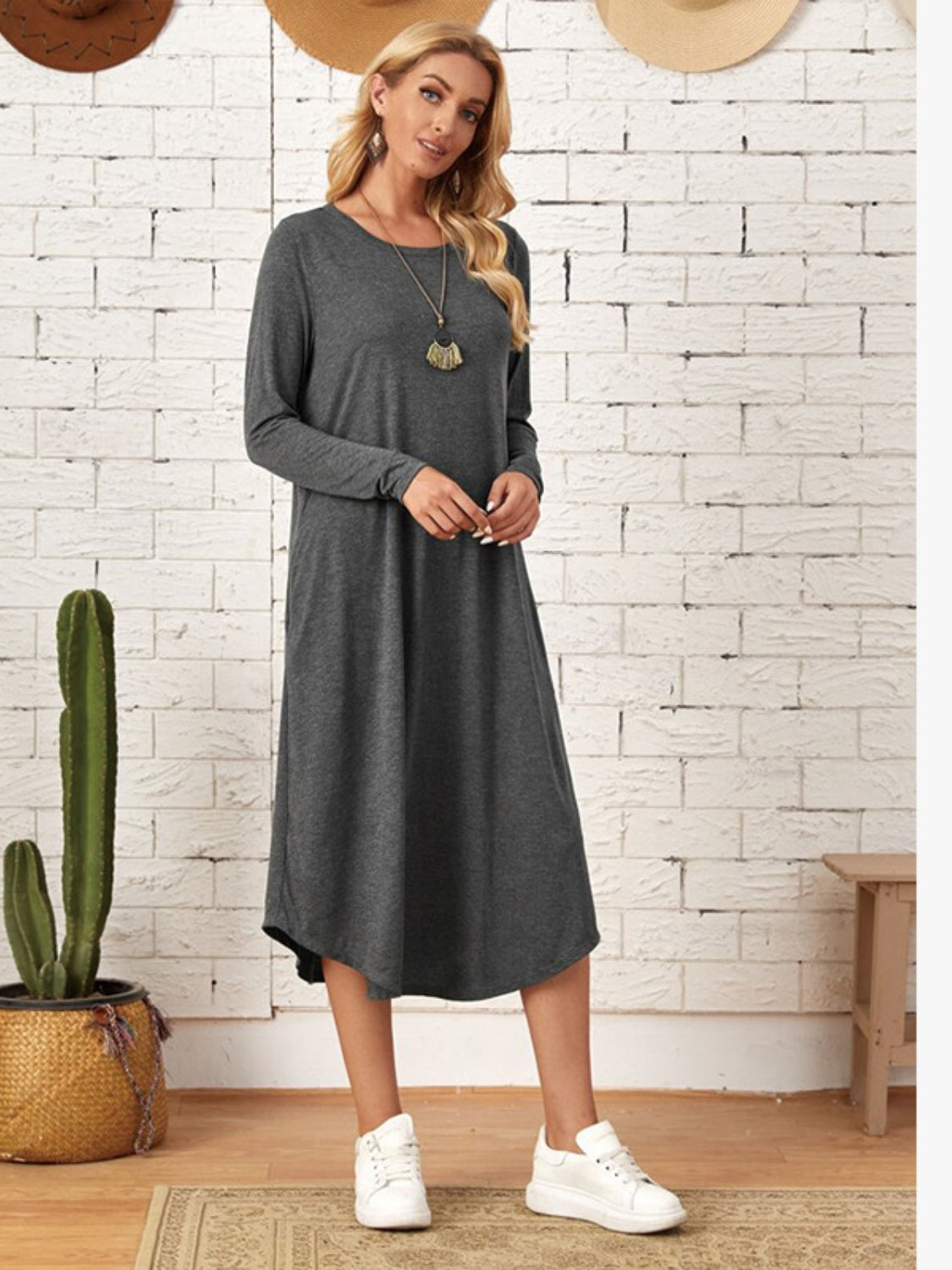 Pocketed Round Neck Long Sleeve Tee Dress NANI Store Pocketed Round Neck Long Sleeve Tee Dress NANI Store