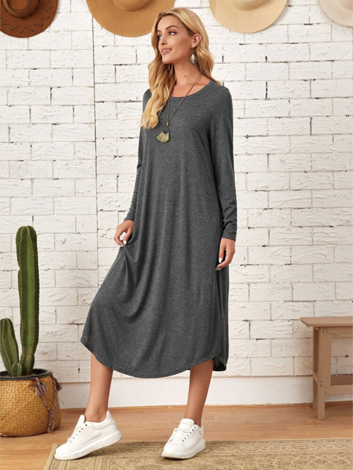 Pocketed Round Neck Long Sleeve Tee Dress NANI Store Pocketed Round Neck Long Sleeve Tee Dress NANI Store